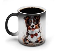 Tazza da caffè in ceramica sensibile al calore con manico, motivo cane pastore australiano con papillon che cambia colore, regalo divertente, 325 ml