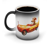 Tazza da caffè in ceramica sensibile al calore con scritta in inglese "Bassotto che guida hot dog fiamma auto che cambia colore, tazza da caffè con maniglia", regalo divertente, 325 ml