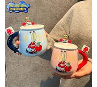 Tazza da caffè in ceramica ufficiale e originale di SpongeBob SquarePants con coperchio - tazza da bere per coppie, regalo di compleanno, tazza per ragazze, tazza per la casa, tazza per l'ufficio blu,