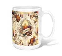 Tazza da caffè in ceramica vintage con candele e libri degli incantesimi | Libri degli incantesimi gotici, tazza da tè, pergamene vintage decorate, estetica mistica, decorazione per la casa delle