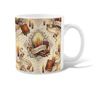Tazza da caffè in ceramica vintage con candele e libri degli incantesimi | Libri degli incantesimi gotici, tazza da tè, pergamene vintage decorate, estetica mistica, decorazione per la casa delle