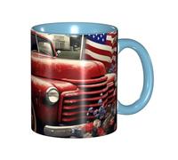 Tazza da caffè in porcellana da 325 ml con manico, 4 luglio patriottico vecchio camion rosso tazza da caffè per ufficio e casa, tazza per tè e latte, colorata all'interno in ceramica per uomini donne