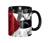 Tazza da caffè in porcellana da 325 ml, con manico, motivo a righe bianche e nere, con rose rosse, tazza da caffè per ufficio e casa, tazza per tè e latte, colorata all'interno, in ceramica, per