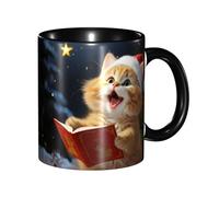 Tazza da caffè in porcellana da 325 ml con manico, simpatico gatto che canta canti natalizi per ufficio e casa, tazza per tè e latte, colorata all'interno in ceramica per uomini e donne amanti della