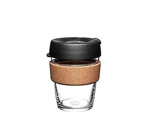 Tazza da caffè in vetro temperato riutilizzabile KeepCup, tazza da viaggio con coperchio a prova di spruzzi, fascia in sughero, leggera, senza BPA, media, 340 ml, Nero