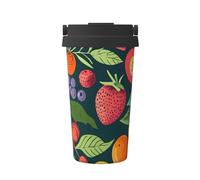 Tazza da caffè isolata con coperchio e foglia d'uva fragola, bicchiere da viaggio in acciaio inox a prova di perdite