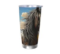 Tazza da caffè isolata da 590 ml, con coperchio e cannuccia, cavallo scuro sotto i girasoli, bicchiere a doppia parete isolato sottovuoto, a prova di perdite, tazza da viaggio per caffè, regalo per