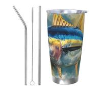 Tazza da caffè isolata da 590 ml, con coperchio e cannuccia, tonno rosso, tonno rosso Thunnus, a doppia parete, isolamento sottovuoto, a prova di perdite, tazza da viaggio per caffè, regalo per uomini