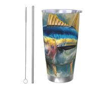 Tazza da caffè isolata da 590 ml, con coperchio e cannuccia, tonno rosso, tonno rosso Thunnus, a doppia parete, isolamento sottovuoto, a prova di perdite, tazza da viaggio per caffè, regalo per uomini
