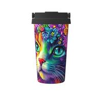 Tazza da caffè isolata diamante colorato del gatto con il coperchio, bicchiere a prova di perdita di viaggio dell'acciaio inossidabile
