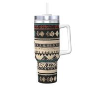 Tazza da caffè isolata sottovuoto, in acciaio inox, a doppia parete, con manico e cannuccia, con motivo nativi americani, da 1,18 l, elegante, da viaggio, per donne e uomini