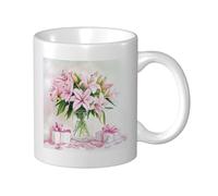 Tazza da caffè Pink Lily Pottery da 11 once con manico grande, tazze da caffè in ceramica per donne e uomini, design unico e bellissimo, opera d'arte con ciondolo per gli amanti dei fiori, per gli am