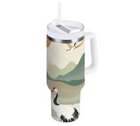 Tazza da caffè riutilizzabile da viaggio con gru e coperchio con cannuccia, da 1,18 l, colore verde oro, con paesaggio cinese, idea regalo per donne, uomini, lui e lei