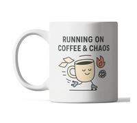 Tazza da caffè "Running on Coffee & Chaos", divertente tazza da caffè da 325 ml, per lavoro, vita della mamma o caos in ufficio, per colleghi, amici e adulti stanchi, tazza motivazionale mattutina