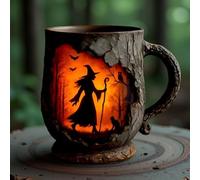Tazza da caffè vintage con motivo strega, foresta e fuoco, tazza 3D in rilievo per campeggio, cucina, amanti della natura, alpinismo, campeggio, amanti di Halloween, regali per adulti