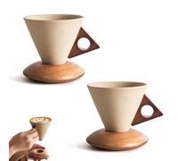 Tazza da caffè vintage in ceramica con base in legno, tazza da caffè conica da 250 ml, elegante tazza in terracotta retrò con manico unico for casa, ufficio, caffetteria e uso regalo(2pcs)