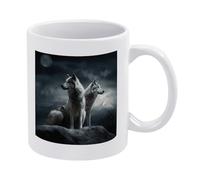 Tazza da caffè Wolf at Night, tazza bianca alla moda con manico, moderna tazza da tè, tazza da caffè in ceramica personalizzata, grandi tazze a sublimazione, regalo per adulti, per uso domestico e in