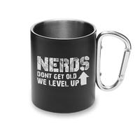Tazza da campeggio con manico a moschettone in metallo con scritta "Don't Get Old Level Up
