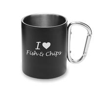 Tazza da campeggio con manico a moschettone in metallo con scritta "I Love Fish and Chips"