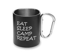 Tazza da campeggio con manico a moschettone in metallo, motivo: Eat Sleep Camp Repeat