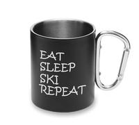 Tazza da campeggio con manico a moschettone in metallo, motivo: Eat Sleep Ski Repeat Winter Sport