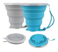 Tazza da campeggio pieghevole in silicone, confezione da 2 tazze da viaggio pieghevoli da 320 ml con coperchio di chiusura in plastica, set riutilizzabile per picnic, campeggio, ufficio, escursionismo
