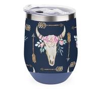 Tazza da scrivania in acciaio inox 304 con teschio di toro, freccia bohémien, scheletro di animale selvatico bohémien, coperchio a prova di perdite per uso alimentare, base antiscivolo, elegante taz