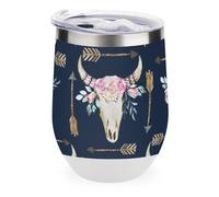 Tazza da scrivania in acciaio inox 304 con teschio di toro, freccia bohémien, scheletro di animale selvatico bohémien, coperchio a prova di perdite per uso alimentare, base antiscivolo, elegante taz