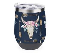 Tazza da scrivania in acciaio inox 304 con teschio di toro, freccia bohémien, scheletro di animale selvatico bohémien, coperchio a prova di perdite per uso alimentare, base antiscivolo, elegante taz