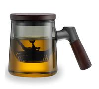 Tazza da tè con coperchio e colino, 400 ml con colino, tazza da tè con coperchio in legno di bambù e manico (nero)