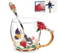 Tazza da tè con fiori, farfalla e rosa, tazza da caffè in vetro trasparente con cucchiaio, confezione regalo per mamma, moglie, nonna, ragazze, amici, San Valentino, Natale, compleanno, idea regalo