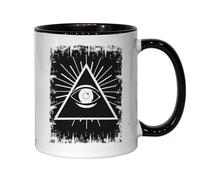Tazza da tè e caffè in ceramica con immagine di piramide degli Illuminati minimalista, con occhio che non si vede, colore nero
