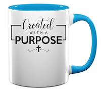 Tazza da tè e caffè in ceramica con scritta "Created with A Purpose Christian Art", colore azzurro