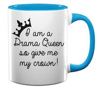 Tazza da tè e caffè in ceramica con scritta "I AM A Drama Queen, So Give Me My Crown", colore azzurro