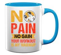 Tazza da tè e caffè in ceramica con scritta "No Pain No Gain Your Workout is My Warmup Dumbell Curl", colore azzurro
