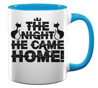 Tazza da tè e caffè in ceramica con stampa di Halloween con gatto nero The Night He Came Home, colore azzurro