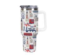 Tazza da viaggio con manico, grande capacità, motivo: auto, colore: bianco, da 40 oz, con bandiera britannica e tema di Londra nel Regno Unito