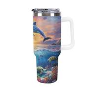 Tazza da viaggio con manico, grande capacità, motivo: "Delfini e tartarughe nel mare", 40 once, stile auto, colore: bianco
