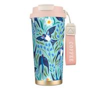 Tazza da viaggio con rondini volanti e fiori primaverili, 100% a prova di perdite, in acciaio inossidabile 316, con isolamento sottovuoto, coperchio e cannuccia, per acqua, tè freddo o caffè, frullato