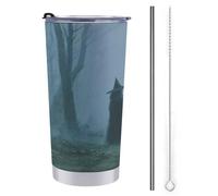 Tazza da viaggio con tre streghe nella foresta nebbiosa, in acciaio inox, isolata sottovuoto, con coperchio con cannuccia e spazzola per la pulizia