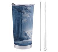 Tazza da viaggio da 590 ml, bottiglia d'acqua blu con cascata nella foresta, in acciaio inox, isolamento sottovuoto, con coperchio con cannuccia e spazzola per la pulizia