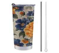 Tazza da viaggio da 590 ml, bottiglia d'acqua con fiore arancione e blu navy, in acciaio inox, con coperchio con cannuccia e spazzola per la pulizia