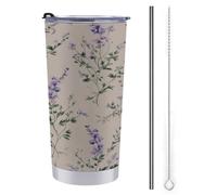 Tazza da viaggio da 590 ml, bottiglia d'acqua con fiori di campo verde lavanda e salvia, in acciaio inox, isolata sottovuoto, con coperchio con cannuccia e spazzola per la pulizia