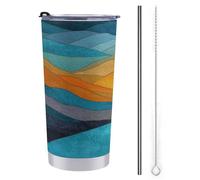 Tazza da viaggio da 590 ml, bottiglia d'acqua con fiume che si avvolge attraverso le montagne, in acciaio inox, isolata sottovuoto, con coperchio con cannuccia e spazzola per la pulizia