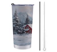 Tazza da viaggio da 590 ml, bottiglia d'acqua invernale con casa rossa sulla neve, in acciaio inox, con coperchio con cannuccia e spazzola per la pulizia