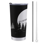 Tazza da viaggio da 590 ml, bottiglia d'acqua semplice con montagna e pini, in acciaio inox, isolata sottovuoto, con coperchio con cannuccia e spazzola per la pulizia