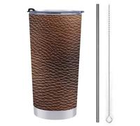 Tazza da viaggio da 590 ml, colore marrone, con motivo in pelle, in acciaio inox, con coperchio con cannuccia e spazzola per la pulizia