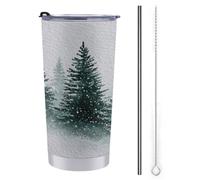 Tazza da viaggio da 590 ml, con acquarello e neve che cade sui pini, in acciaio inox, isolata sottovuoto, con coperchio con cannuccia e spazzola per la pulizia