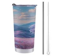 Tazza da viaggio da 590 ml, con bellissimo albero con foglie blu, in acciaio inox, isolata sottovuoto, con coperchio con cannuccia e spazzola per la pulizia