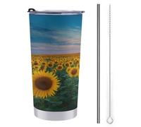 Tazza da viaggio da 590 ml, con campo di girasoli sotto il tramonto e il cielo, in acciaio inox, con coperchio con cannuccia e spazzola per la pulizia